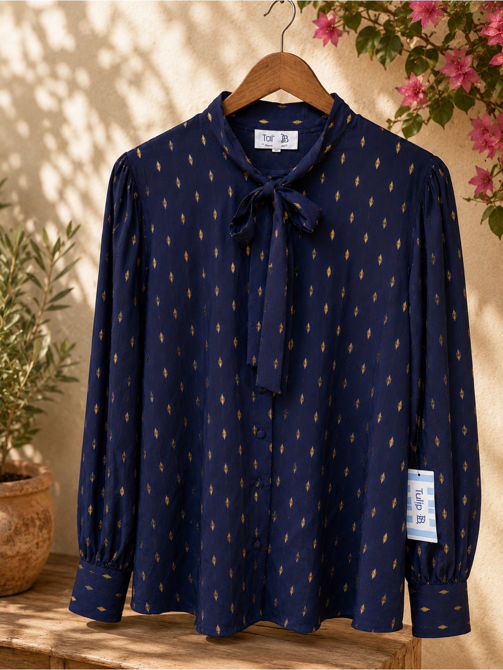 Tulip B Women's Navy Tie-Neck Blouse with Gold Accent Very Soft - Picture 3 of 6